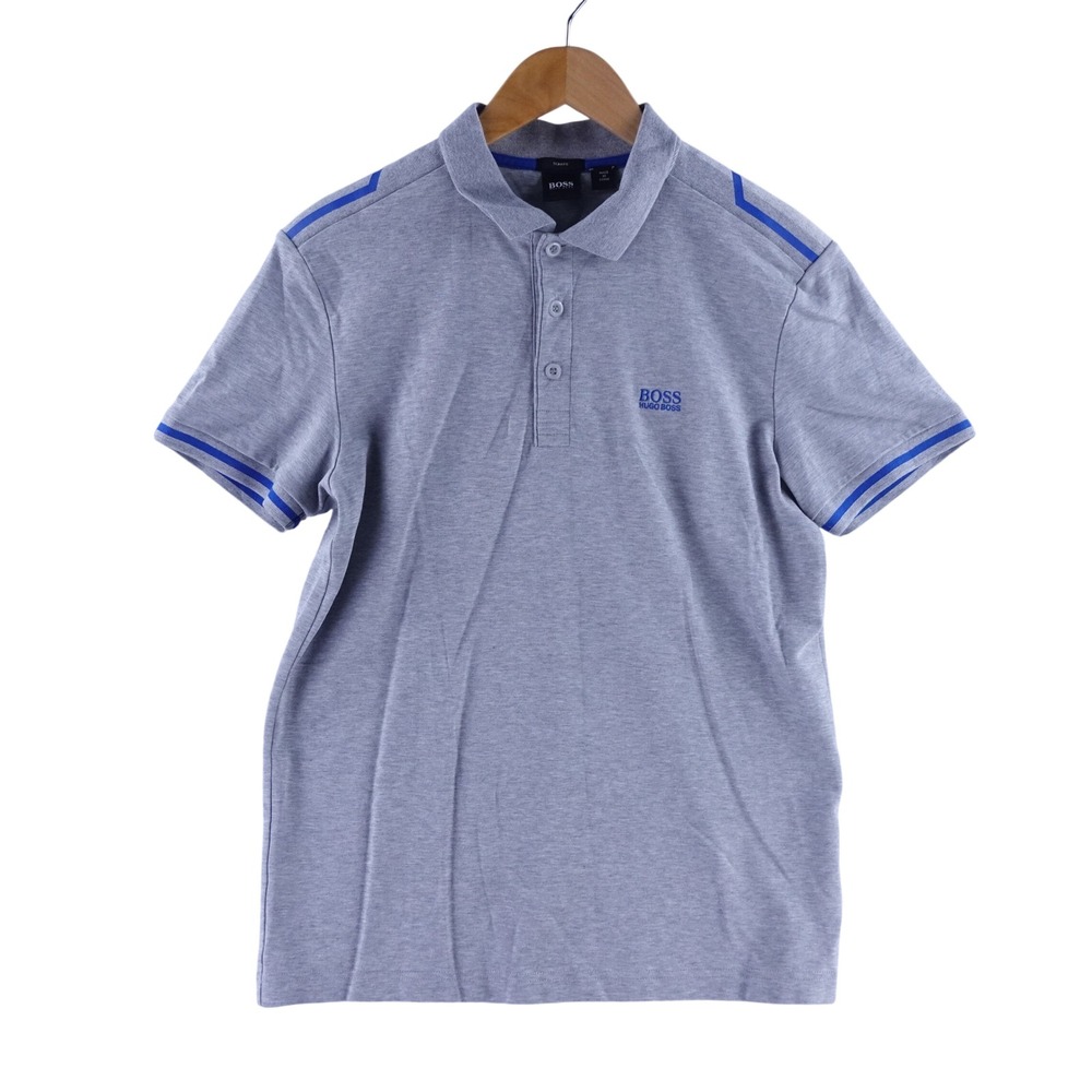 Hugo Boss Boys Size Medium Grey Slim Fit Short Sleeve Polo Shirt Blue Trim Youth